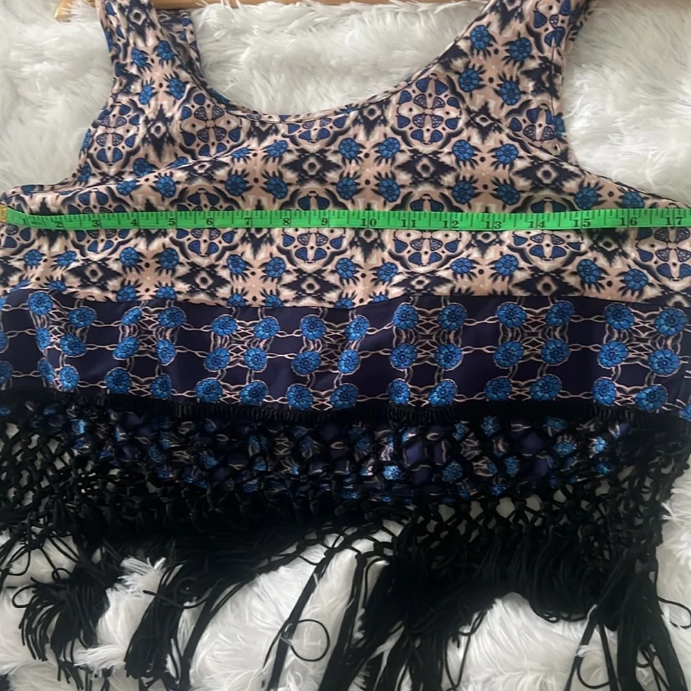 Topshop fringe pink and blue bohemian print festival top sz 6